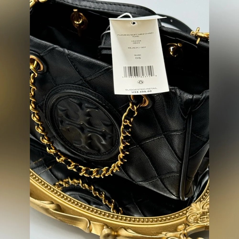 🆕 TORY BURCH 🧿 NWT Mini Fleming Soft Chain Tote - Black Leather -AUTHENTICATED